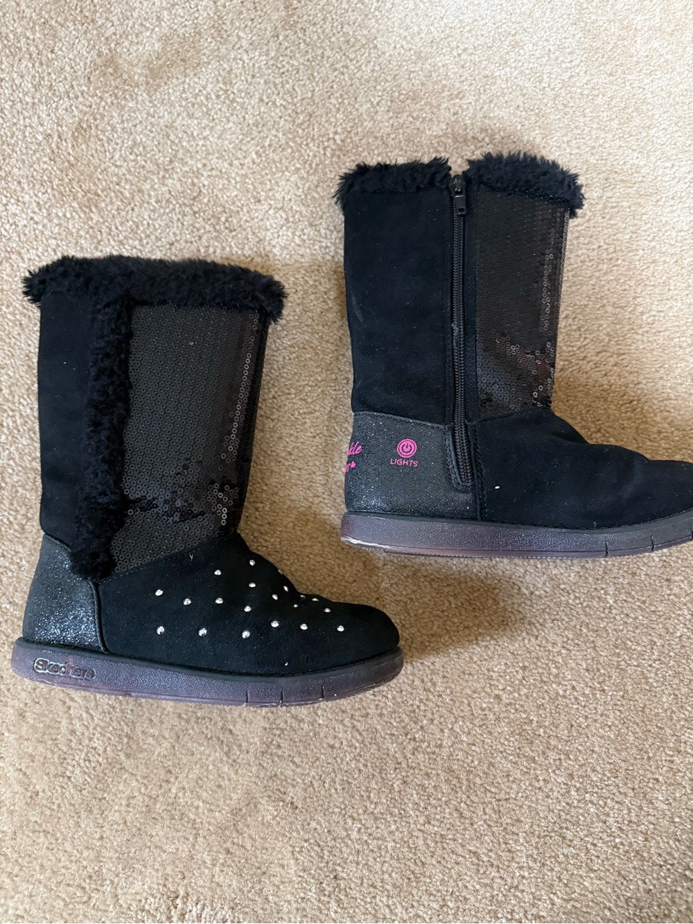 Kids Sketcher Black Sparkly Winter Boots with Faux Fur